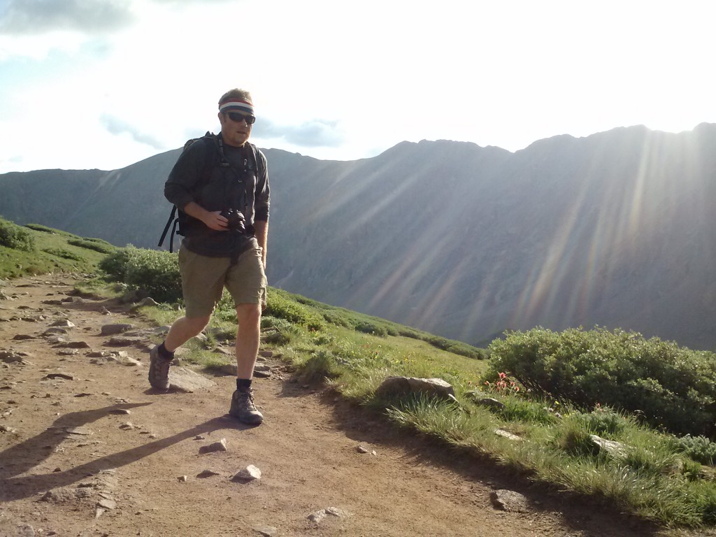 Jeremy Dodge carrying the Mayhem 35 up the trail to Gray's Peak and Torrey's Peak