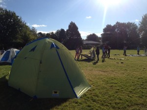 The Mountainsmith Conifer 5+ set up on the soccer field at the Denver Green School