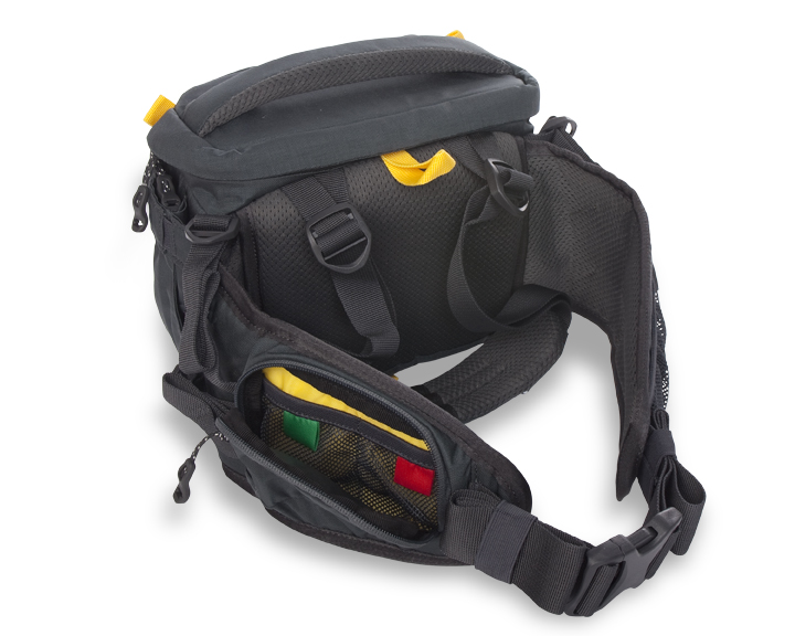 The Andy Mann signature series Mountainsmith Swift FX showing the memory card organization built into the waist belt.