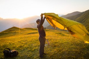 Mountainsmith Ambassador sets up the Mountain Shelter LT tent in the Caucasus Mountains