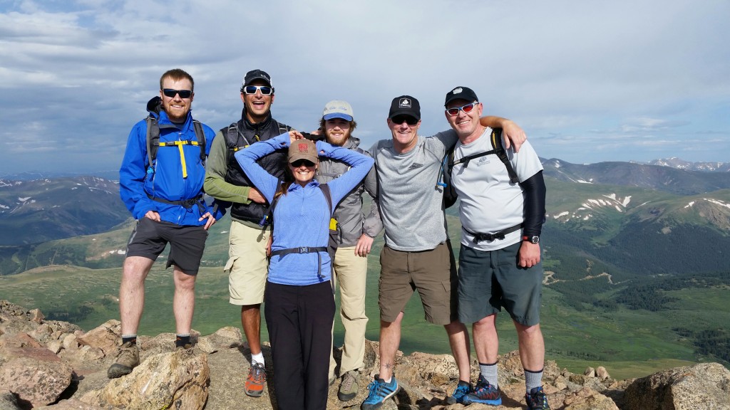 Jeremy Dodge, Jay Getzel, Keegan Young, Ben Edwards, Penn Burris, and Vikie Hormuth stand at the summit of Mt. Bierstadt
