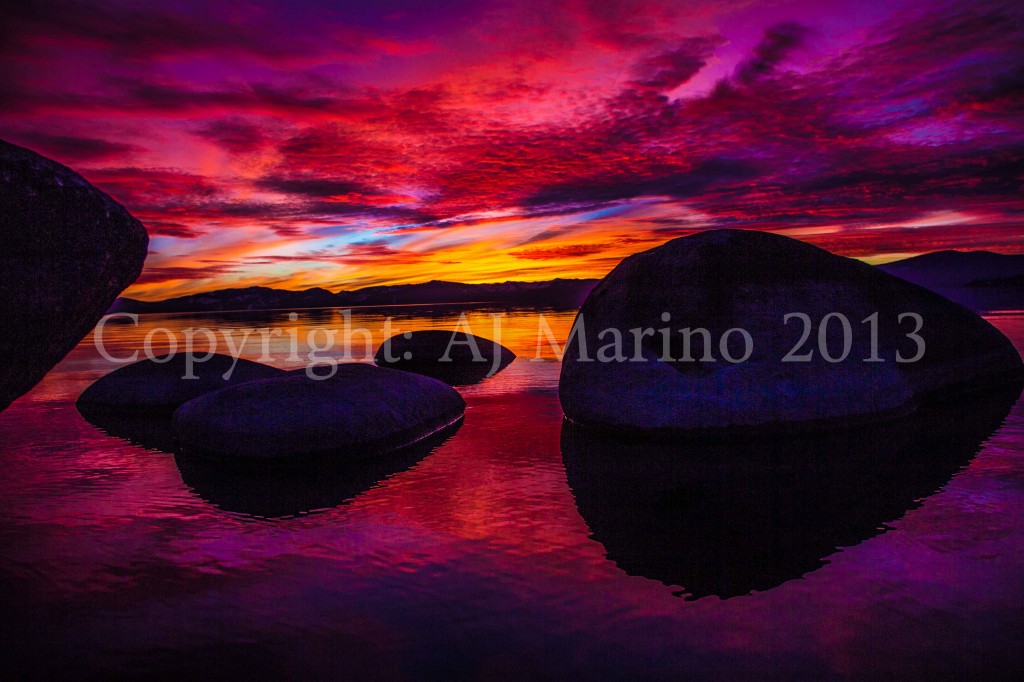 AJ Marino photography photo image of Lake Tahoe California at sunset in front of boulders 