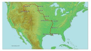 A map of North America shows the path that will be taken by the Blackwater Drifters kayak expedition from Montana to New Orleans