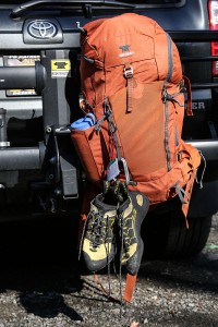 Mountainsmith Mayhem 35 backpack hanging from a bike rack