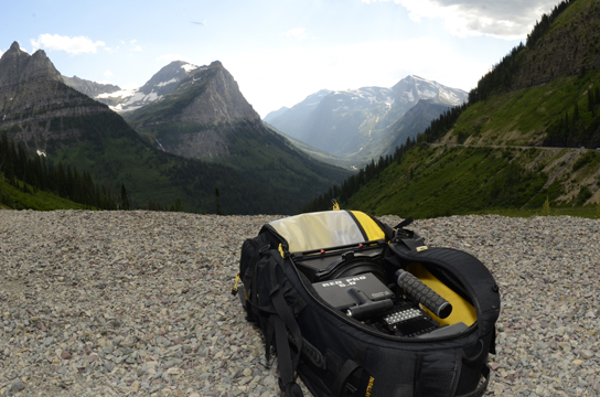 The Mountainsmith Parallax backpack seen holding the RED epic camera in Glacier National Park
