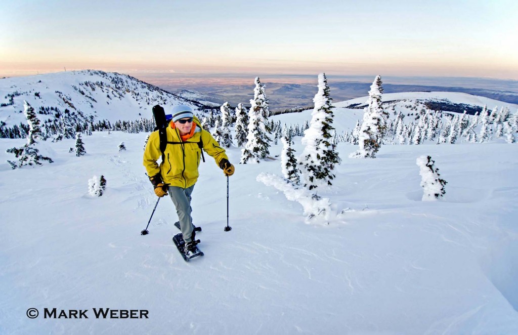 Elijah Weber snowshoeing on Mount Harrison high in the Albion Mountains above the city of Albion in southern Idaho