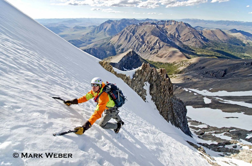 Elijah Weber alpine climbing The North Face on Borah Peak a route which is rated Grade 3, AI-3 and located on Mount Borah in the Lost River Mountains in central Idaho