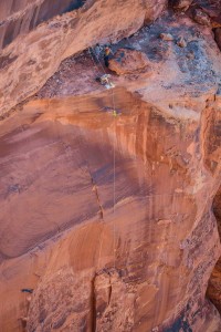 a fixed line hangs in the fruit bowl for the jumpers to ascend in moab utah