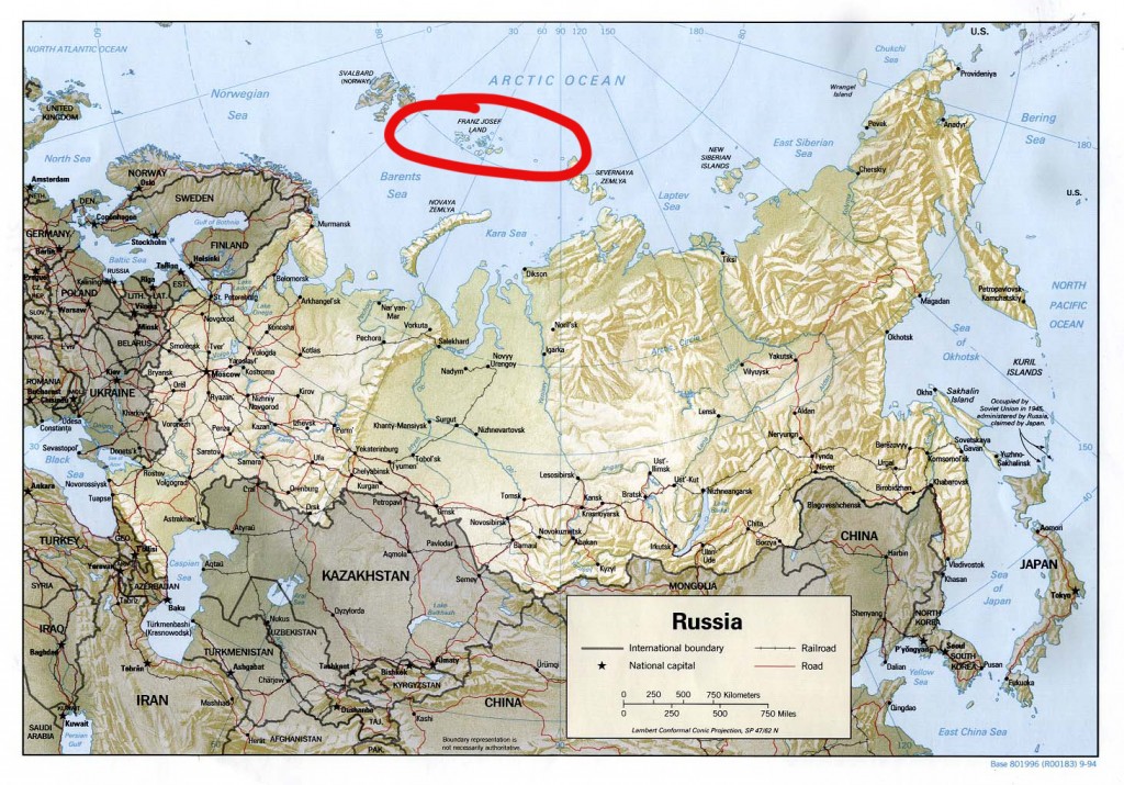 Map of Russia with a red circle around Franz Josef Land