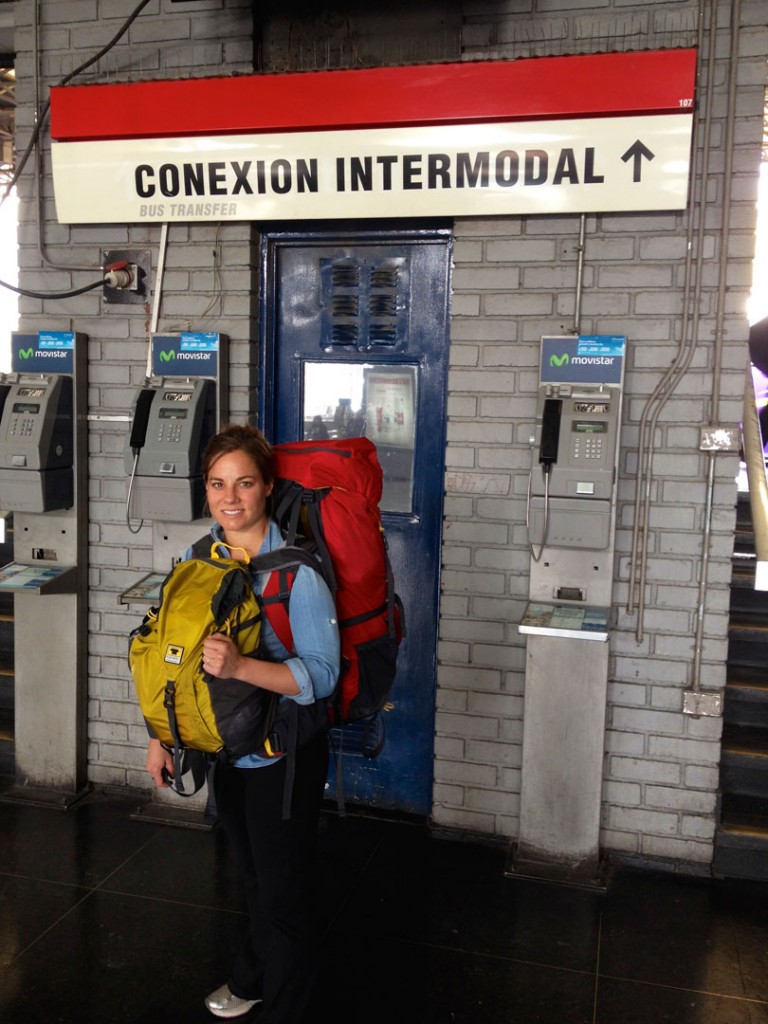 Ashley in south american terminal with her Mountainsmith Juniper and Scream