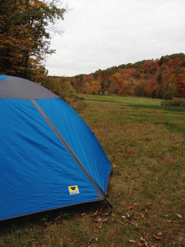 The Mountainsmith Genesee 4 tent set up in Vermont during peak foliage