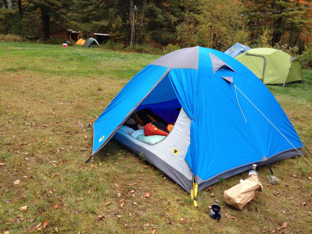 The Mountainsmith Genesee 4 set up with the vestibule open in vermont