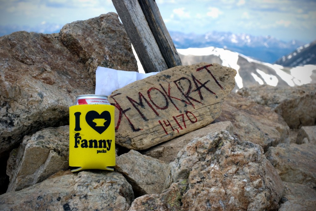 PBR in a Mountainsmith I heart fanny koozie on the summit of Mt. Democrat