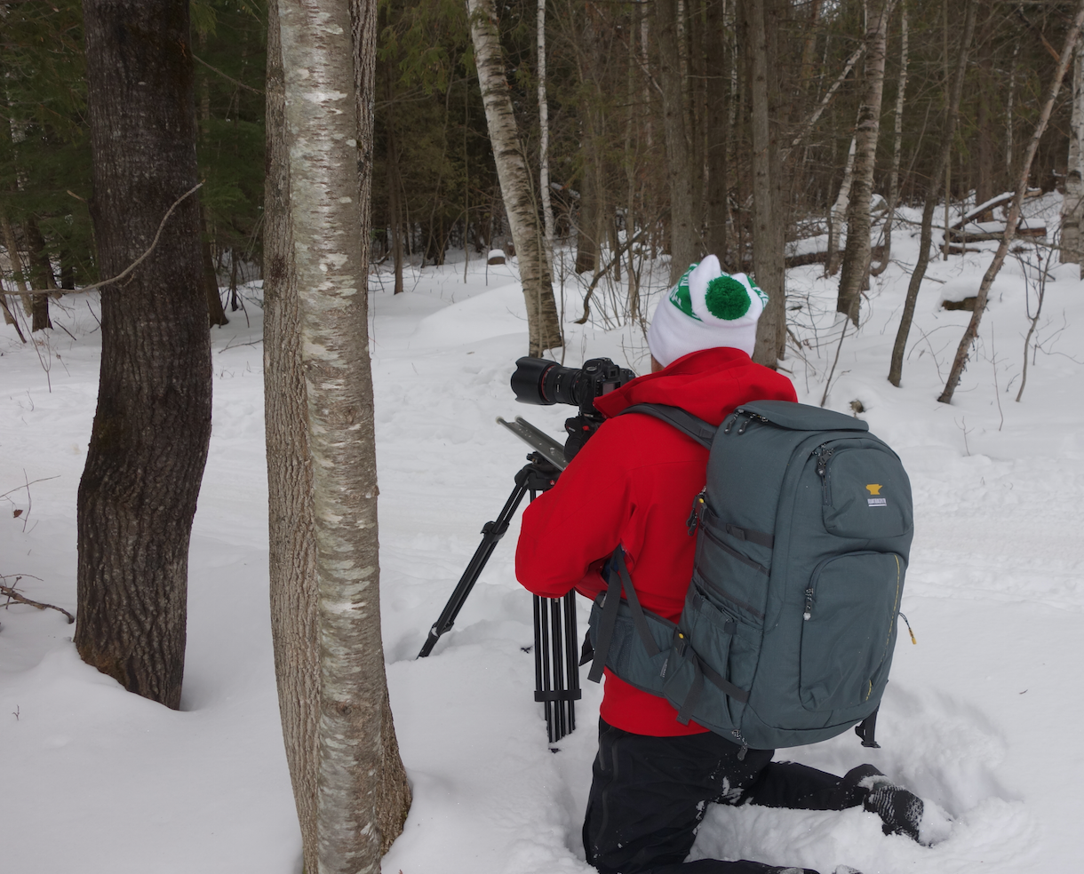 Evan Kay, Ibex In-house videographer shooting some Fat Biking in Barre, VT in the snow with his Mountainsmith Parallax