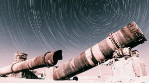 Old cement plant full moon star trail photo by Derrick Lytle