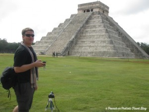 Josh Wilson of Peanuts or Pretzels snaps a photo of Chichen Itza using a small tripod he carried in his Mountainsmith Tour FX