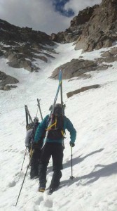 Jay Getzel starting up the couloir with his Mountainsmith Mayhem 35 on Mount Evans