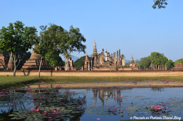 Temples over the lakes in Sukhothai Thailand
