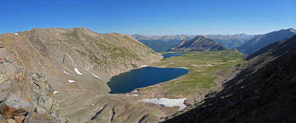 views of alpine fishing lake from 13,000 feet above sea level