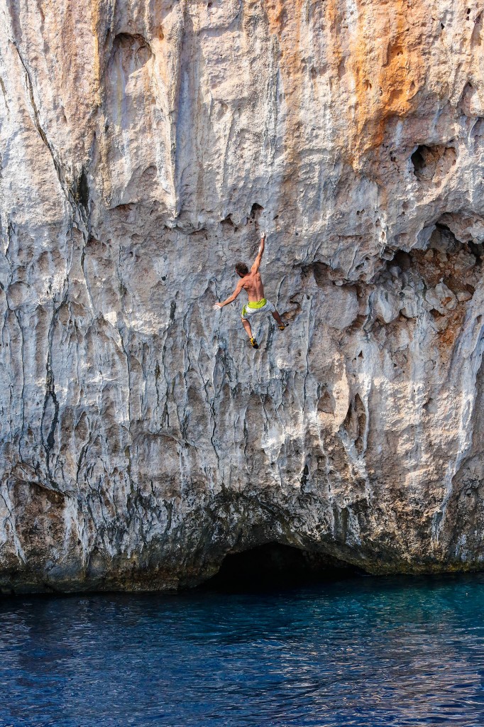 a climber falls while deep water soloing near Olympos Turkey