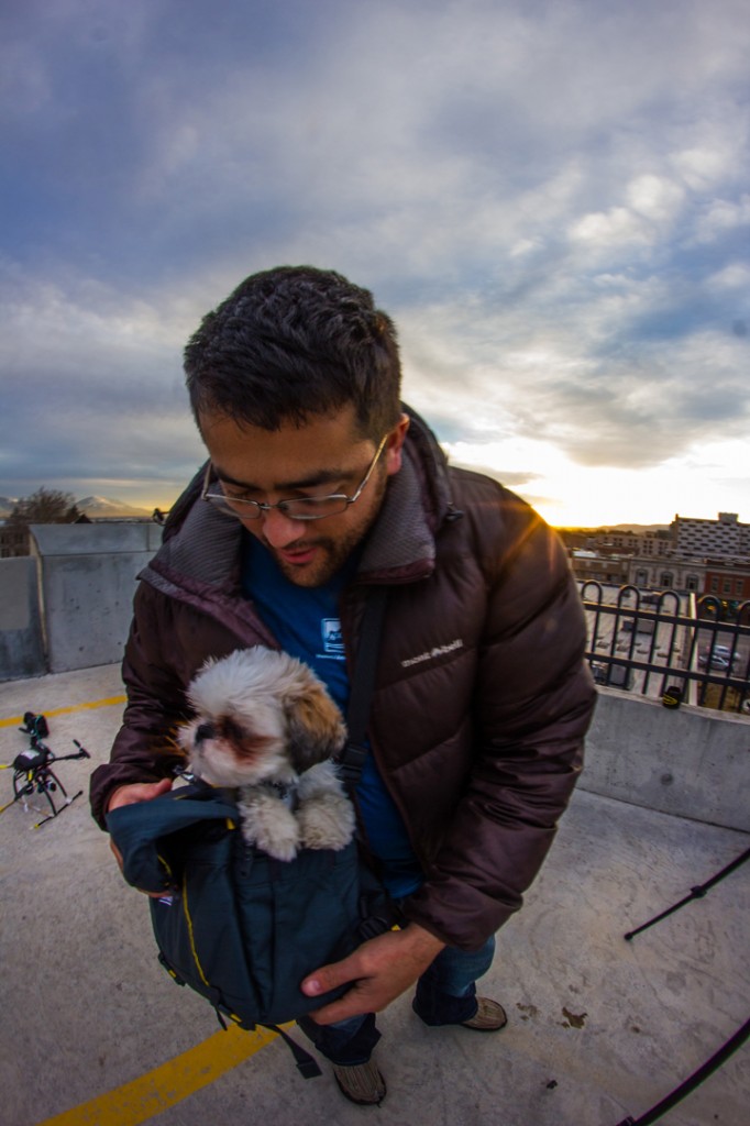 Bruce Wilson of Three Peak Films with his dog in the Mountainsmith Tour FX