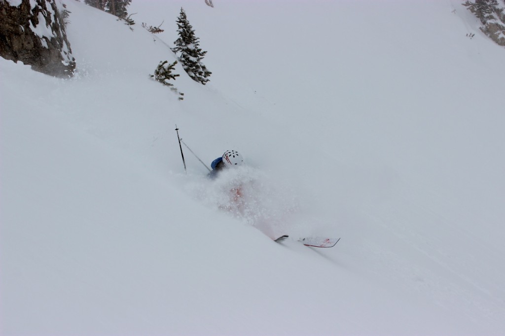 Mark Wayne SIsk lands in deep powder in the Jackson Hole backcountry