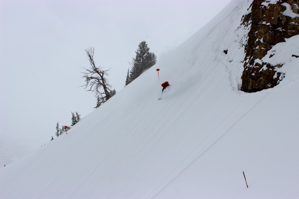 Ian Tarbox skis down the expert chutes in Jackson Hole