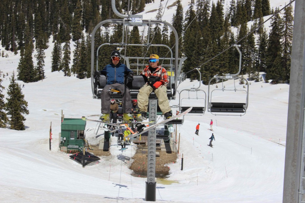 Stephen Serna and Jeremy Dodge ride the chairlift at Arapahoe Basin ski resort