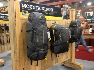 Mountainsmith's Mountainlight backpacks displayed in their new booth at outdoor retailer
