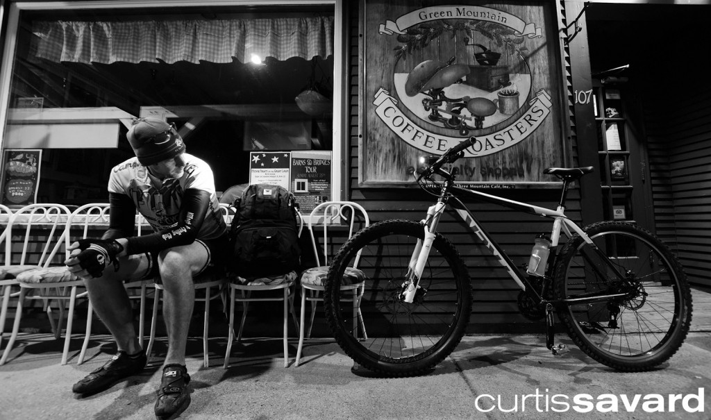 Curtis Savard stopped at a general store on his bike commute to Mad River Glen