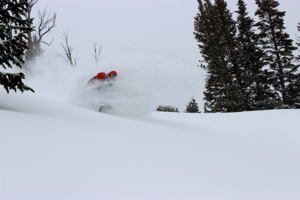 Ian Tarbox takes a deep powder turn in Rock Springs sidecountry of Jackson Hole Mountain Resort