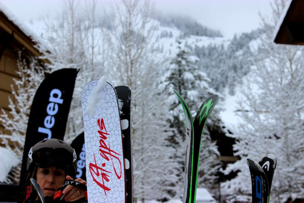 Fatypus skis on a rack in Jackson Hole