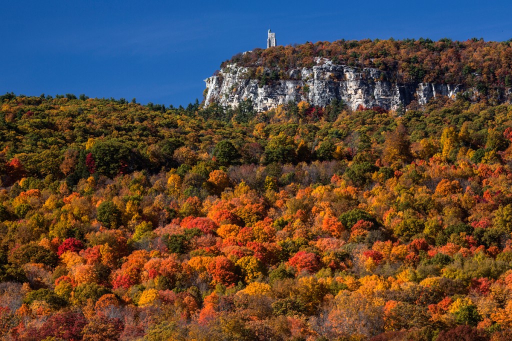 skytop, long-range polarized tripod setup for autumn colors in New York.