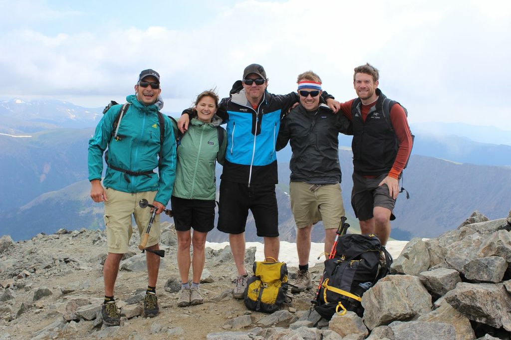 Jay Getzel, Vickie Hormuth, Keegan Young, Jeremy Dodge, and Erik Lambert stand on top of Torrey's Peak