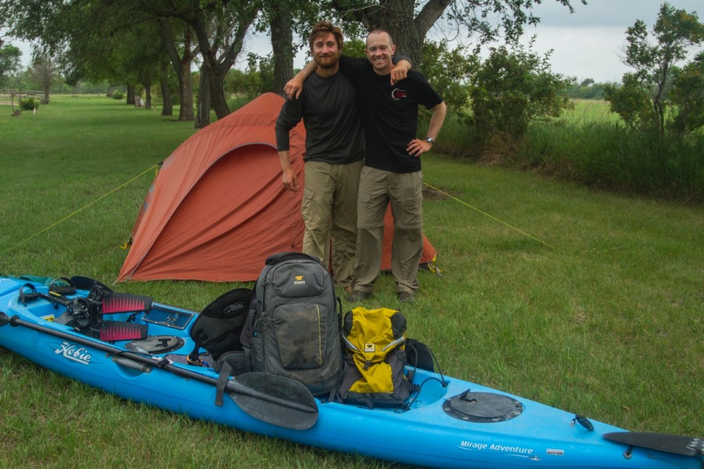 Joe Zimmerman and Nick Caizazza of the Blackwater Drifters stand among their gear from Mountainsmith and Hobie.