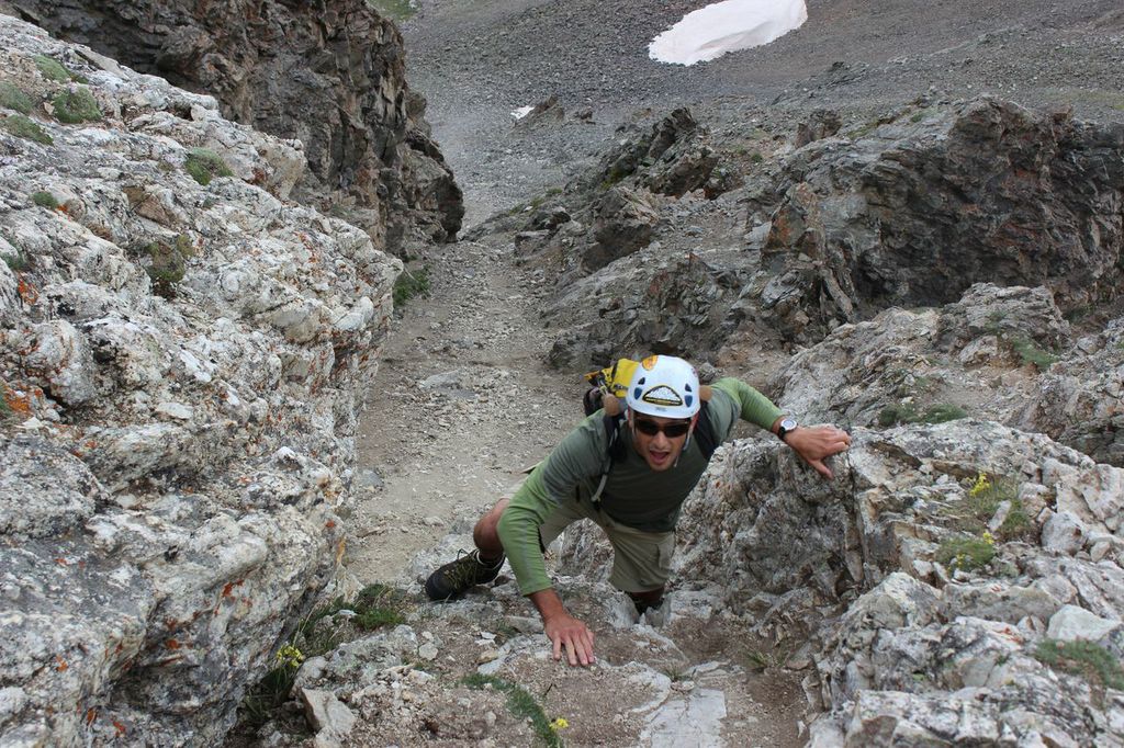 Mountainsmith President Jay Getzel, focuses and ascends up a class 4 section of Kelso Ridge.
