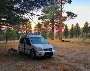 sunset campsite in the blm land with kuna the little wolf and the tiny van